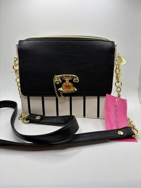 Betsey Johnson Black & Cream Striped Crossbody with Gold Phone Lock Charm